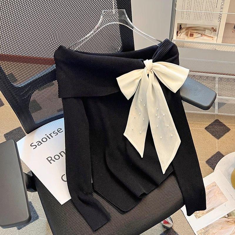 DeRong Irregular Bow One-Shoulder Knit Top - Slim Fit Women's Long-Sleeve for Autumn/Winter Collection