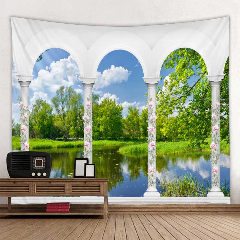 Балконное окно пейзаж гобелен настенный в стиле бохо простыня диван одеяло эстетика гостиная спальня украшение стены