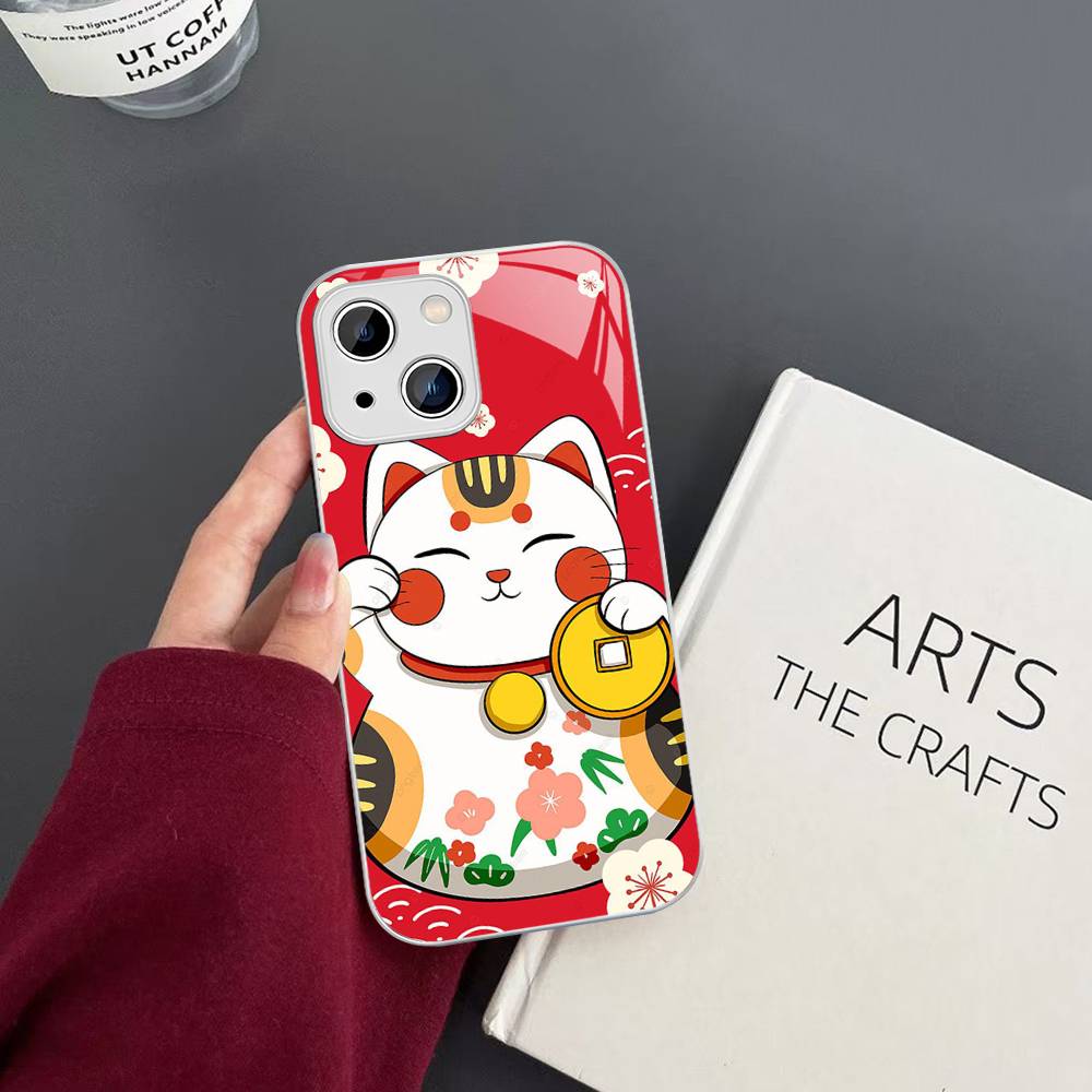 Maneki Neko Lucky Money Cat Tempered Glass For Iphone 14 13 12 11 Pro Mini XS MAX 14Plus X XS XR Cover