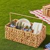 Woven Storage Basket with Handle 4 Compartments Handcrafted Natural Utensil Organizer for Kitchen Countertop Picnic BBQ Portable Cutlery Holder And