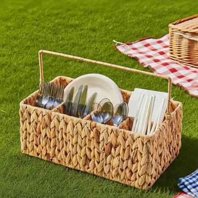 Woven Storage Basket with Handle Handcrafted Natural Utensil 4 Compartments Organizer for Kitchen Countertop Picnic BBQ