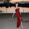 French Red Mesh Ruffle Edge Suspender Dress Women's Seaside Vacation Hip Fishtail Dress