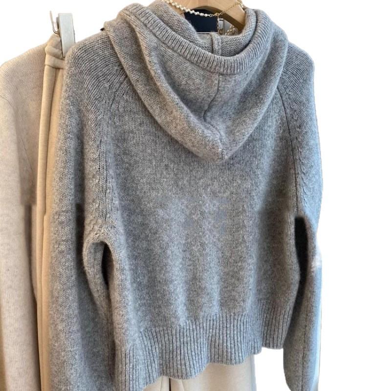 Women’s Korean-Style Gray Hooded Knit Sweater – Soft, Cozy, and Perfect for Autumn/Winter