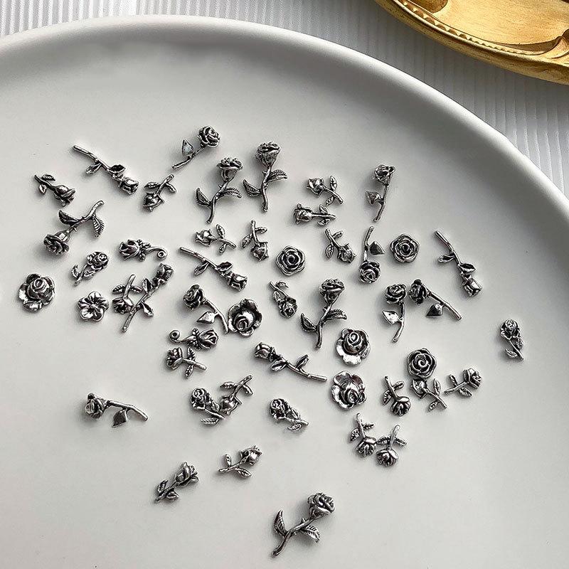 10Pcs 3D Rose Nail Art Ornament Alloy Nail Art Charms Diy Craft For Nail Decoration Silver Retro Flower Nail Charm Jewelry Salon