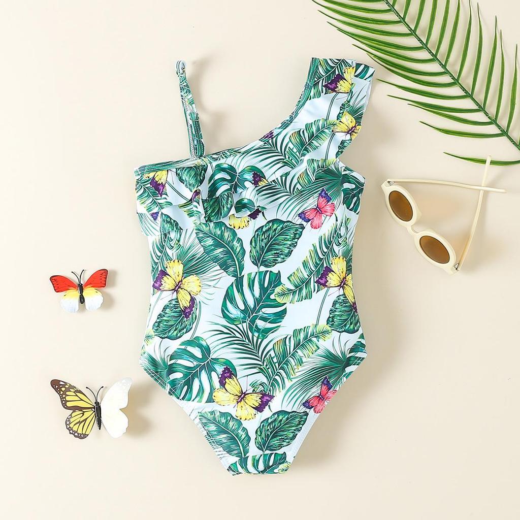 Girls' Floral One-Shoulder Swimsuit - Cute Print Hot Spring Swimwear