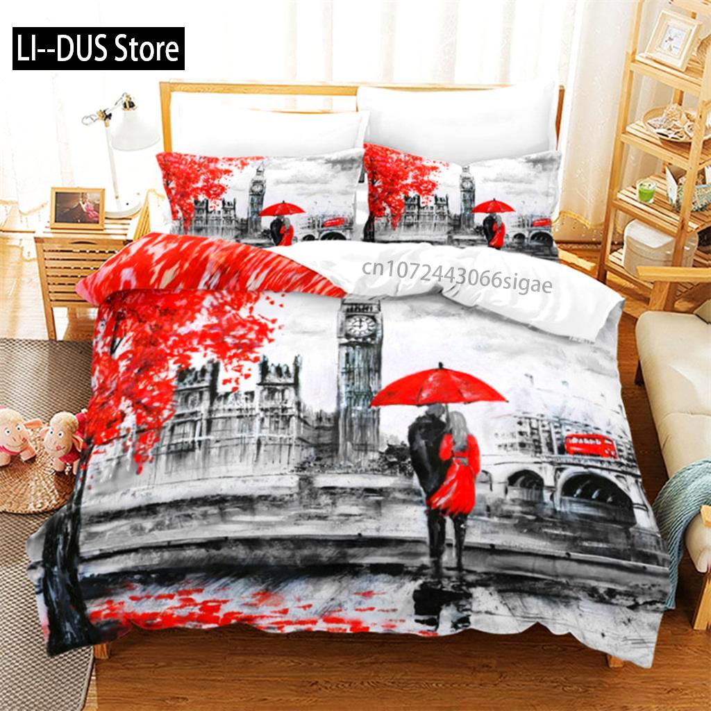 Duvet Cover Eiffel Tower Romantic Couple Flower King Comforter Cover Microfiber France Paris Cityscape Bedding Set For Teen