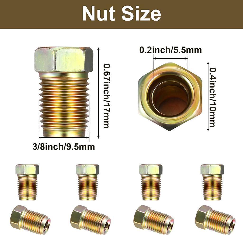 12x 1/4inch Brake Line Connector Fittings Brass Unions 7/16-24 Inverted Adapter Set Car Accessories Threads