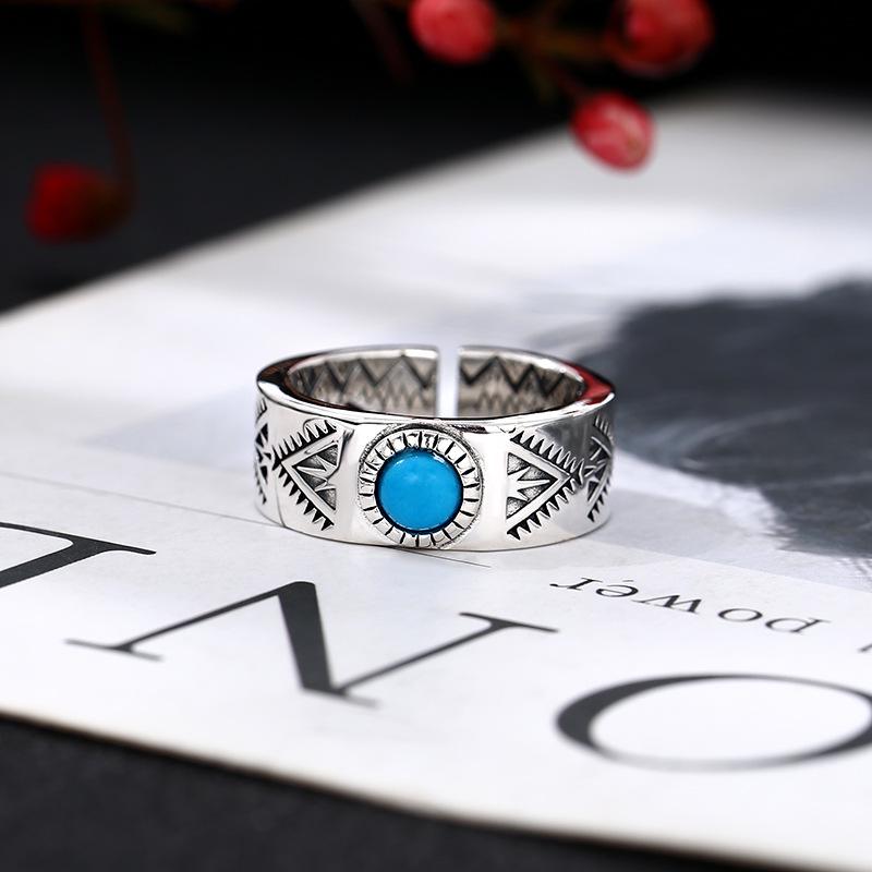 Yin Taifei Ethnic Silver Turquoise Arrow Ring - Adjustable Unisex Retro Style Open Adjustable