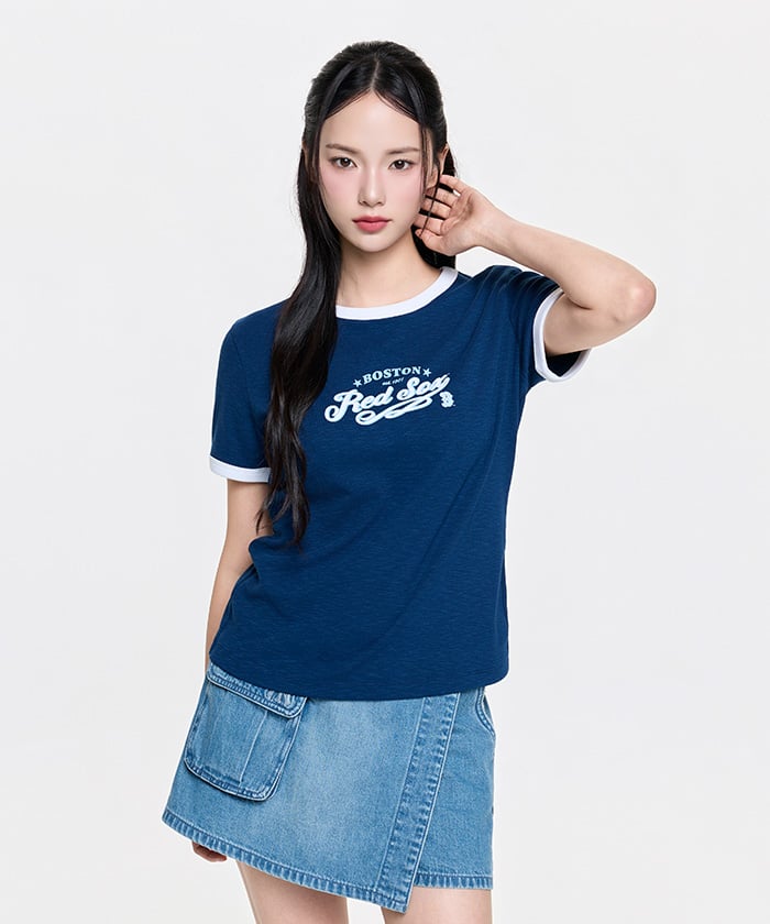 Emelbi Women'S Varsity Lettering Slim Slub Ringer T-Shirt Bos (D.Navy)