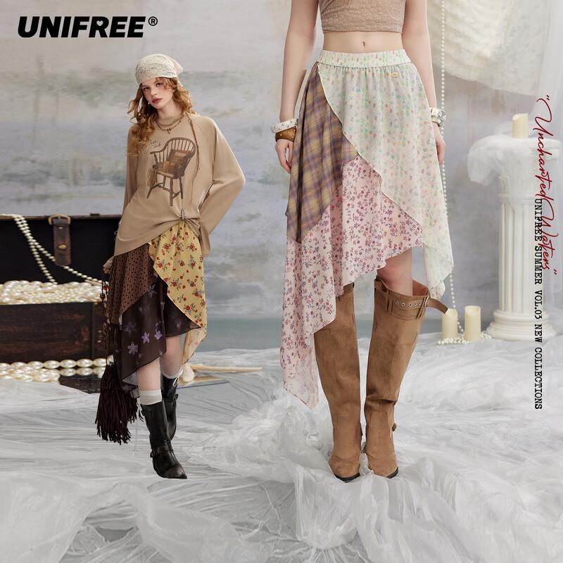 UNIFREE Retro Floral Color-Block Midi Skirt L