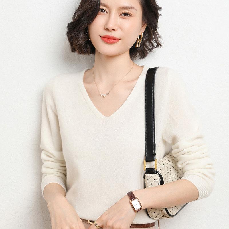 Women's V-Neck Knit Sweater Long Sleeve Loose Solid Color Pullover