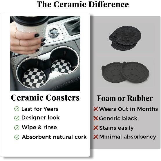 Checkered Car Coasters, Universal Fit Ceramic Car Cup Holder Coaster, 2Pcs | Absorbent Removable Cup Holder Coasters, Cute Girly Car Accessories for
