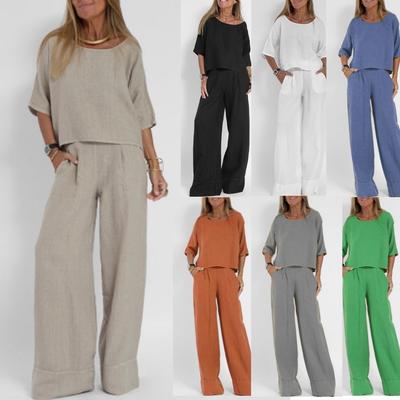 Set Estivo Casual da Donna: Camicia a Maniche Corte Monocolore Larga + Pantaloni in Cotone e Lino