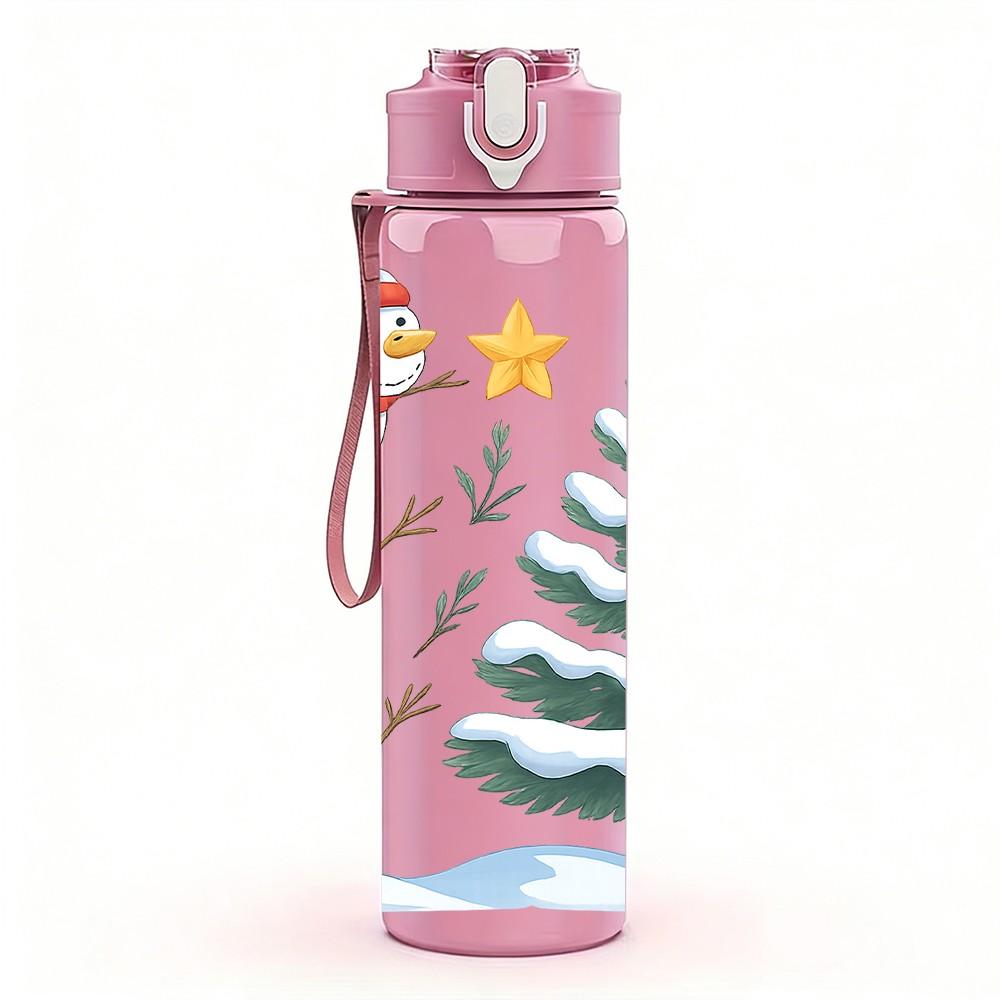 1PC Snowman Pine Winter Scene 750ml Color Plastic Sports Water Bottle Leakproof Flip Straw Lid Suitable for Sports Office Home Use