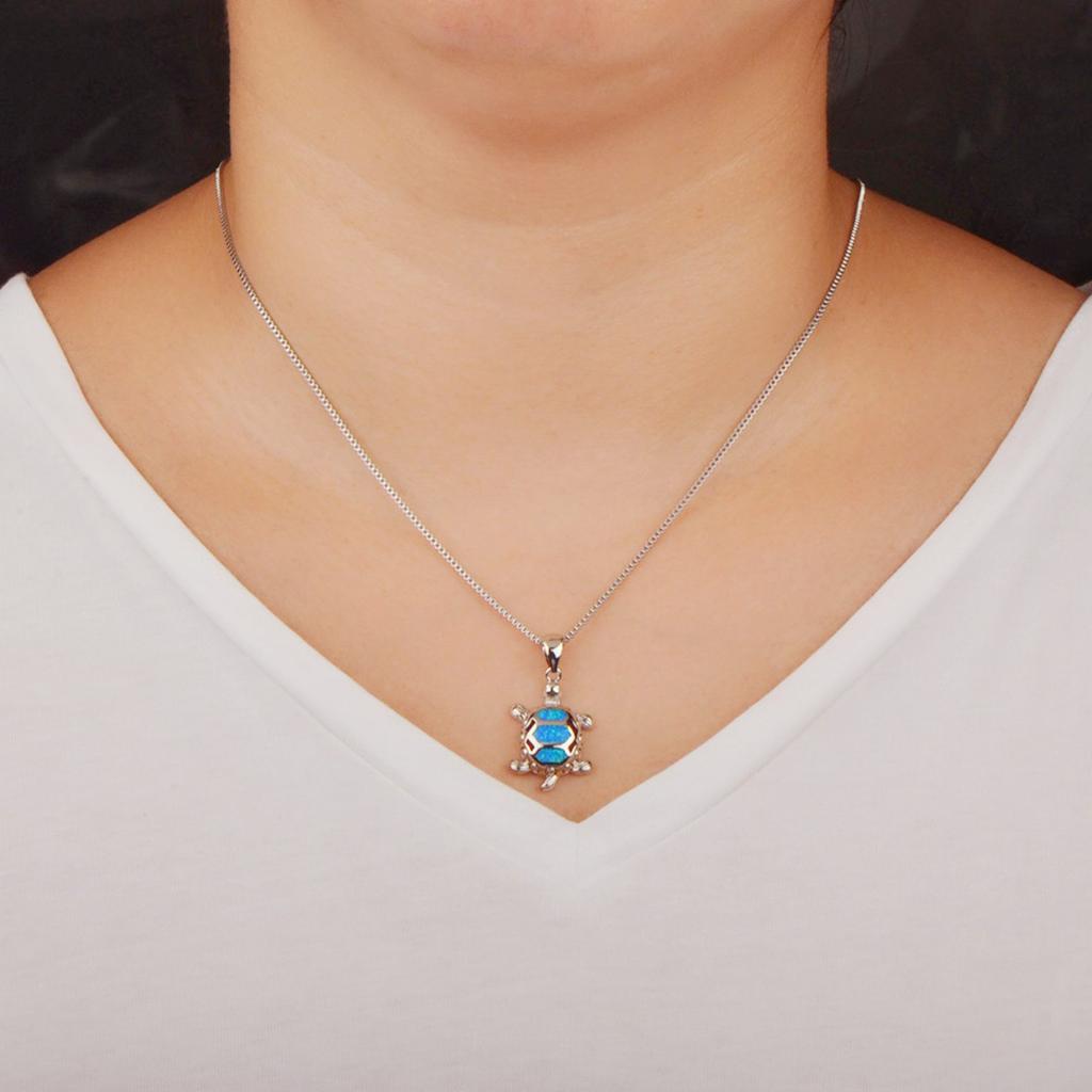 Women's Marine Turtle Opal Pendant Necklace with Sweater Chain Silver Plated Copper Alloy Blue Fire Opal Inlaid Coastal Design