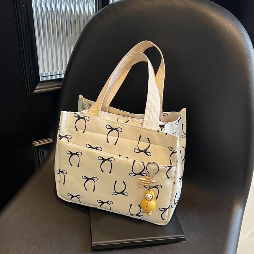 Canvas Lunch Bag with Handle Bow Print Tote Bag Lightweight Hobo Bag for Women Girls School Office Meal Prep Bag Cute Lunch Bag