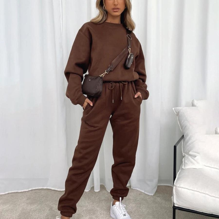 Spring/Autumn Solid Color Crew Neck Pullover Long Pants Women's Fashion Casual Long Sleeve Hoodie Set