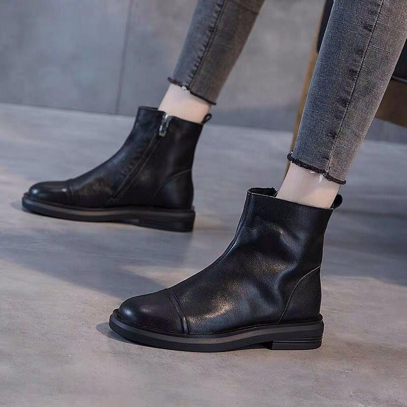 Low-top Leather Martin Boots Women's Autumn and Winter New Single Boots Casual Versatile Flat-bottomed Velvet Short Boots