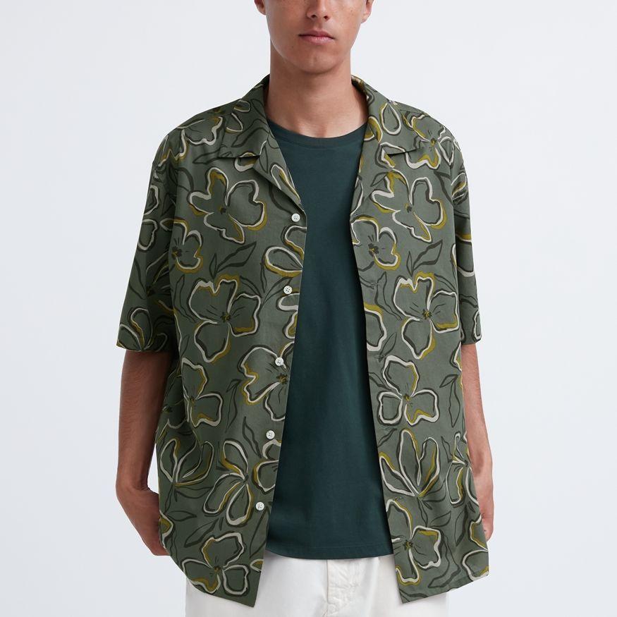 Uniqlo All Over Print Cuban Collar Short Sleeve Shirt Men Shirts Olive UQ458356000-56