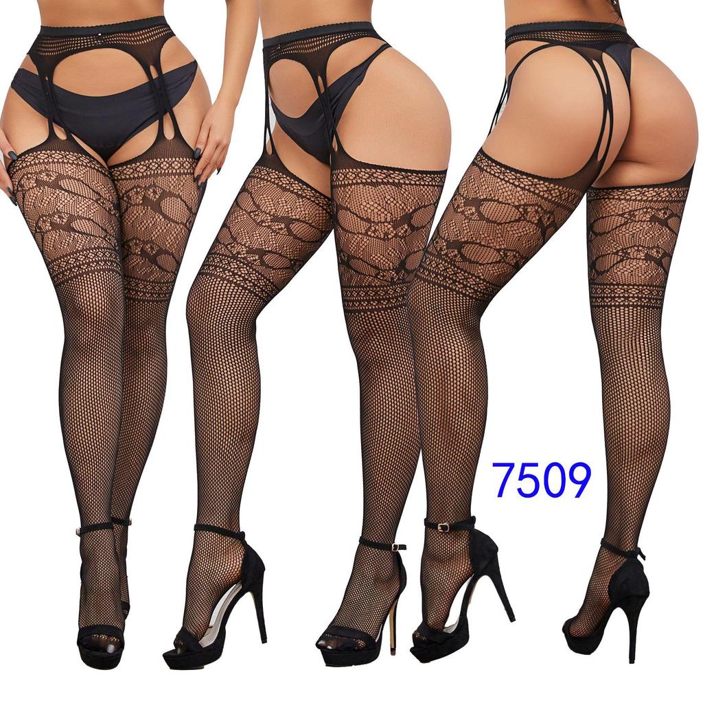 Women's Sexy Crotchless Fishnet Suspender Stockings with Eye Jacquard Design - Style 7501