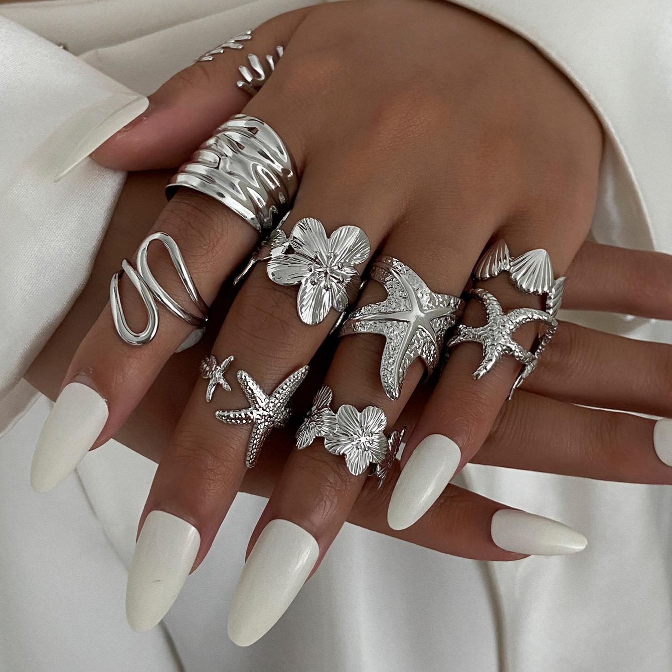 

Ingemark 9Pcs/Set Creative Irregular Flower Starfish Ring for Women Exquisite Open Adjustable Geometric Rings Party Jewelry Gift