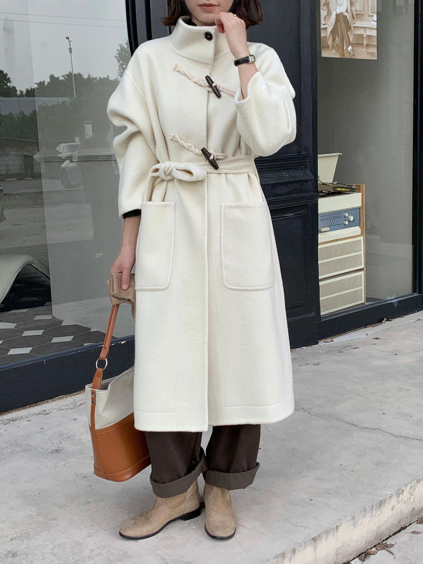 

WT154 personalized design sense horn buckle coat femininity commuting solid color high-end woolen coat S світло-бежевого кольору