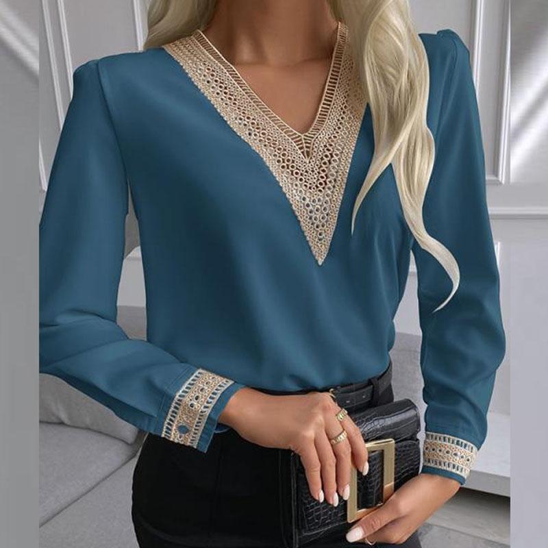V-neck Chiffon Lace Hollow Loose Western Style Small Shirt Top Women, Autumn New Products Women's Fashion Temperament Long-sleeved Shirt