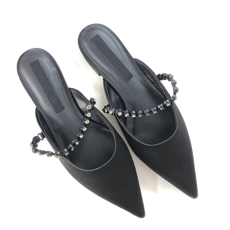 

Fashion new designer pointed toe mirror silver leather slippers women crystal band summer shoes outdoor slides low heel mules sandalias 4.5