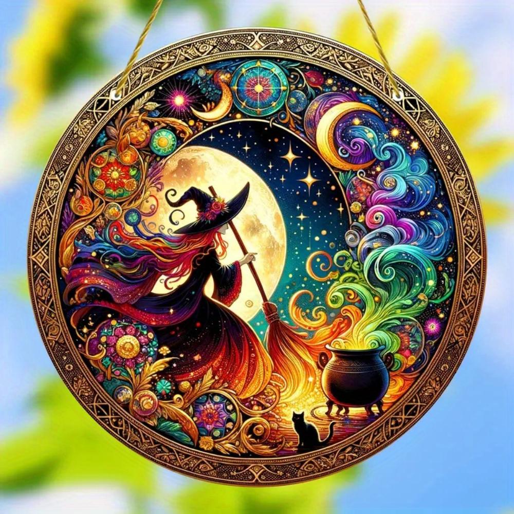 2D Flat Halloween Witch Print Art Window Hanging Dream Catcher, Acrylic Round Wreath Decoration, Indoor and Outdoor Porch Home Accessories