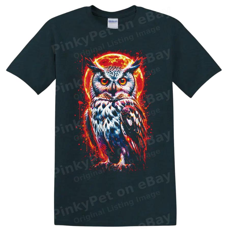 Owl T Shirt Neon Moon Gothic Bird Graphic Art Wildlife Night Sky Tee Cool Gift
