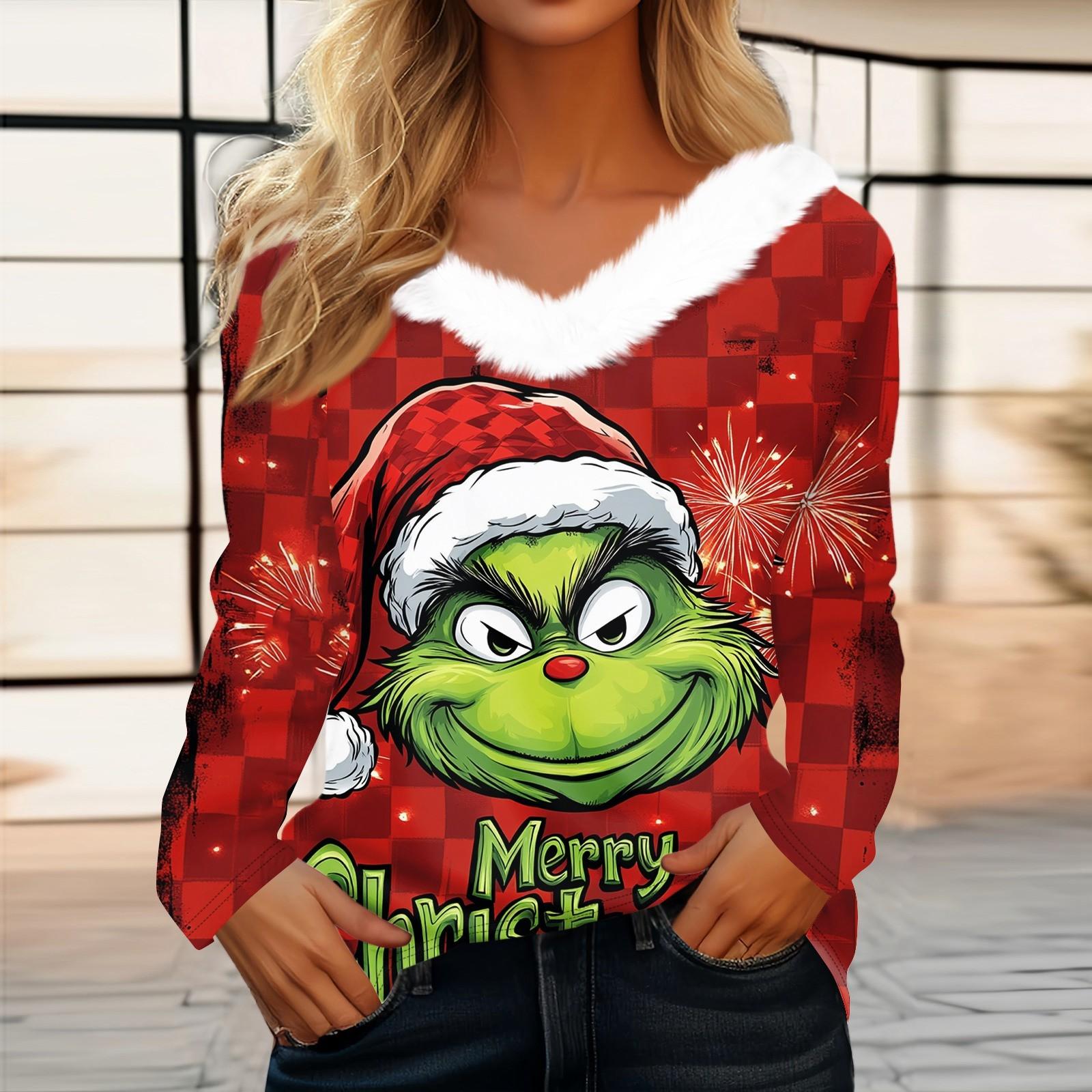 

Женская рождественская рубашка с длинным рукавом и принтом V-образным вырезом, повседневная свободная футболка, топы XXL красный