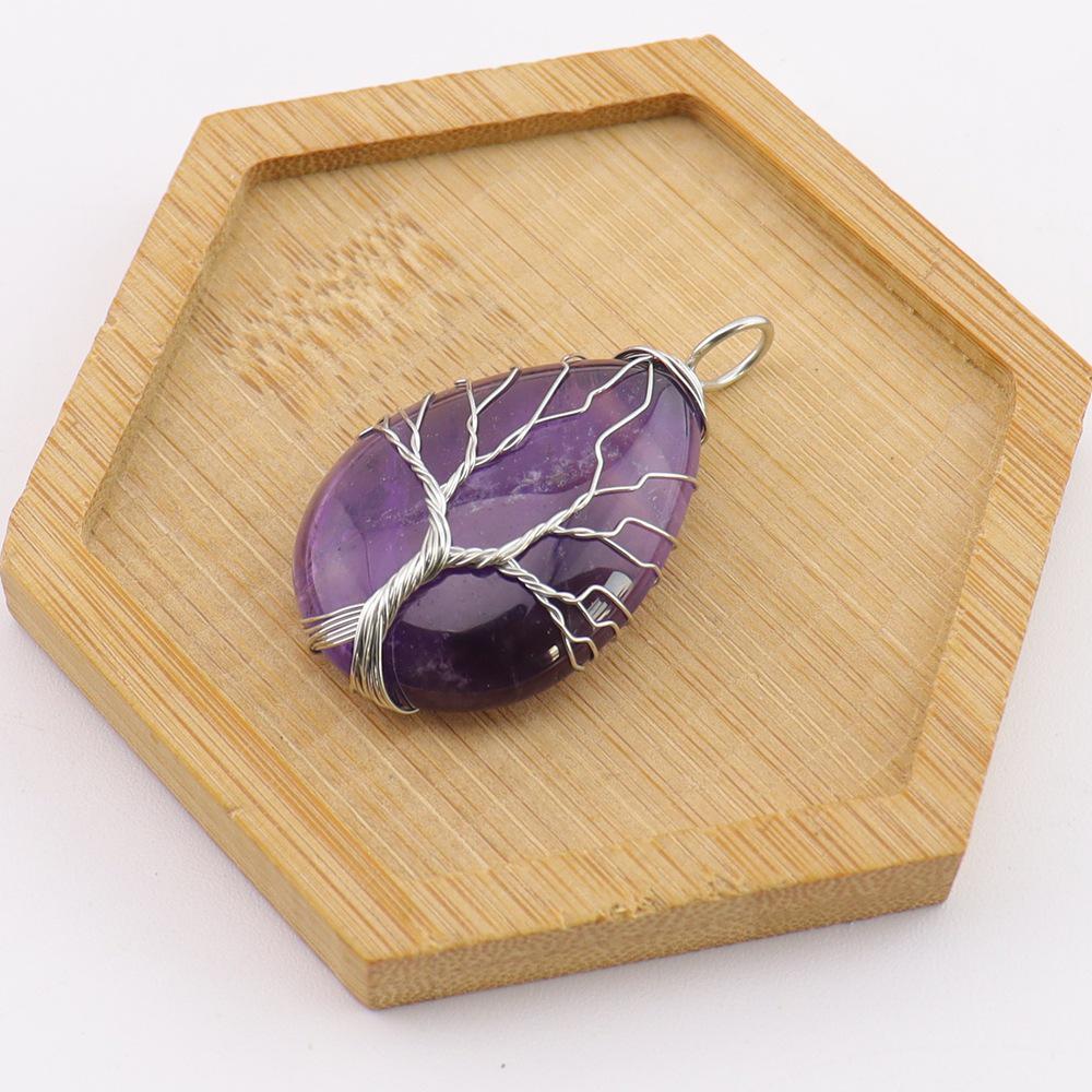 Natural Stone Agate Water Drop Tree of Life Pendant Necklace