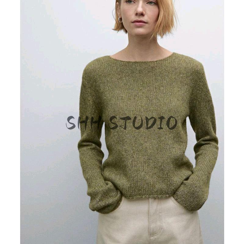 MD Women's Spring Clothing Casual Laid-Back Style Green Soft Glutinous Short Round Neck Sweater Long Sleeve Knitwear 5604633