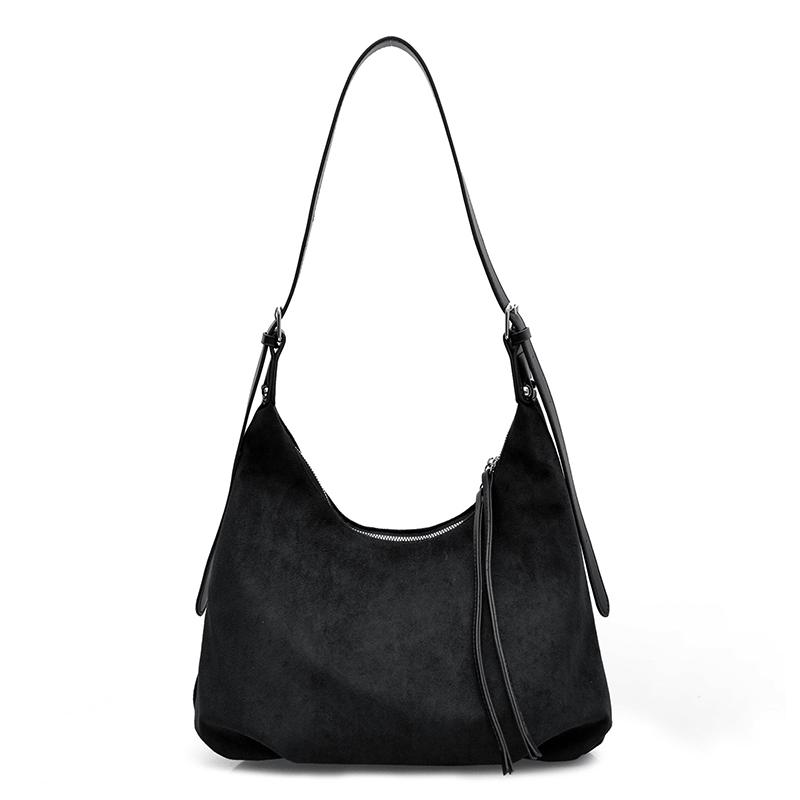 

Однотонная большая повседневная сумка-тоут из искусственной замши на молнии с ремешком-декорацией Модные сумки через плечо 2026 Осень/зима Ретро сумки чёрный