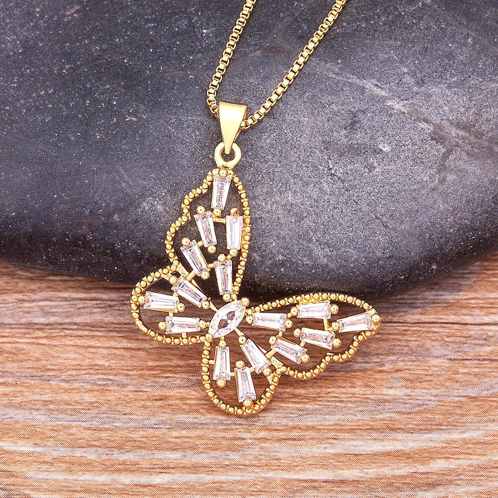 Nidin Top Quality Copper Zircon 12 Styles Charms Butterfly Pendant Chain Necklace for Women Gold Plated Vintage Boho Jewelry