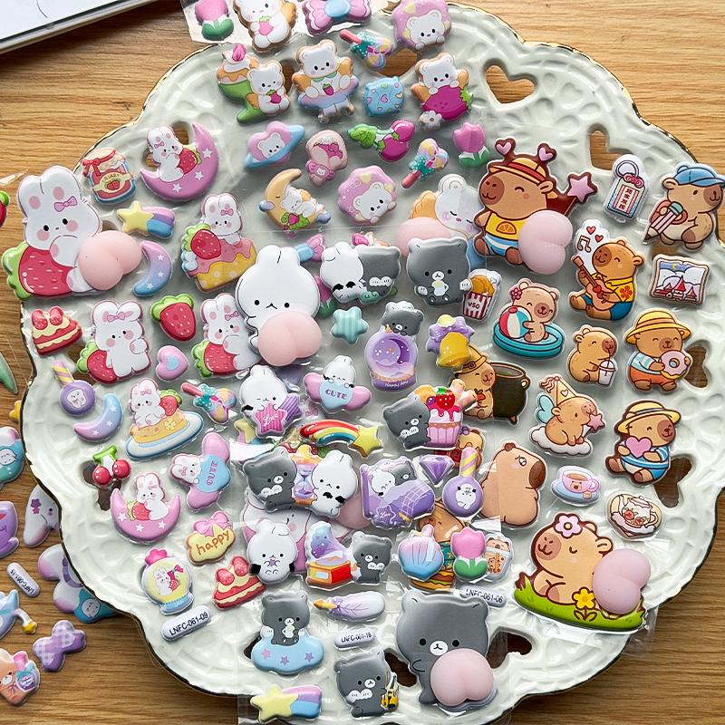 2sheets Cartoon Sticker 3D PVC Hollow Puffy Squishy Rabbit Capybara Bear For Phone Case Laptop Decoration Journal DIY Collage