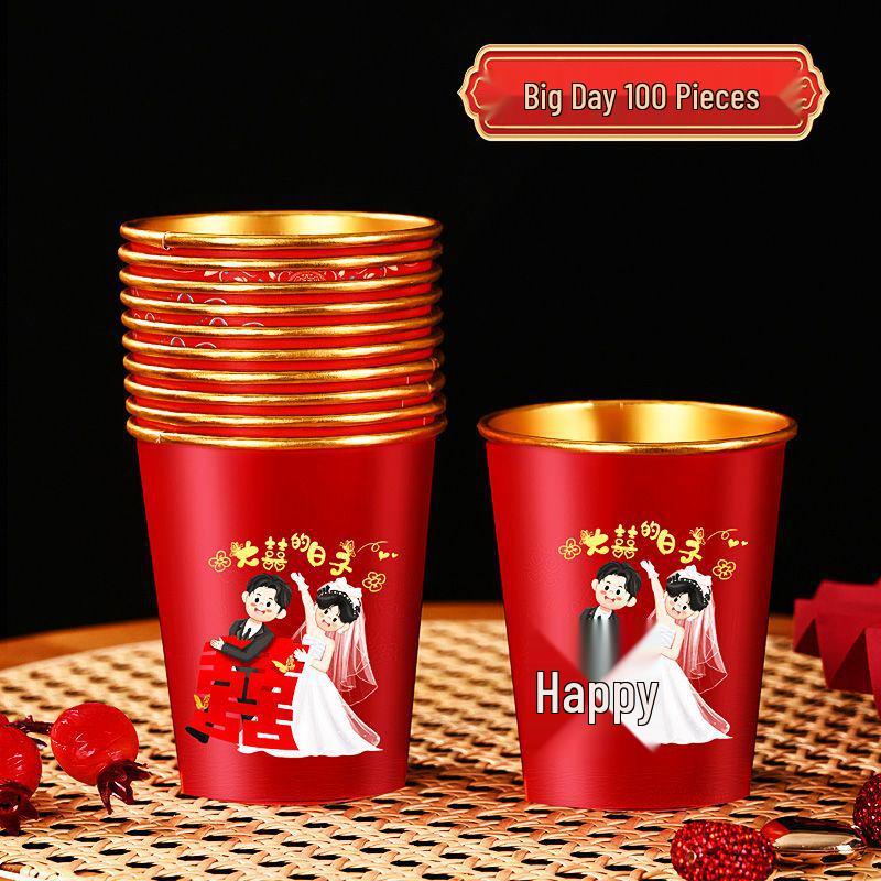 Luxurious Gold Thickened Disposable Wedding Cups - Elegant Red Tea Cups for Banquets & Household Use