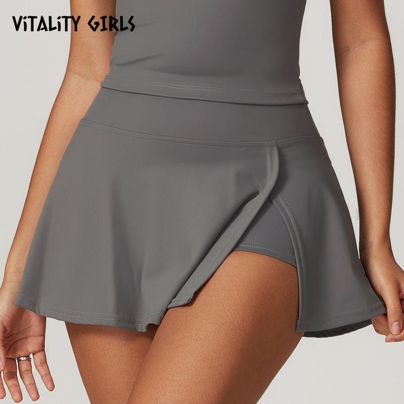 

Vitality Girls Tennis Sports Skirt with Bottoming Slimming Elastic Cloud Feeling Brushed Slit A- line Skirt Free Gray L