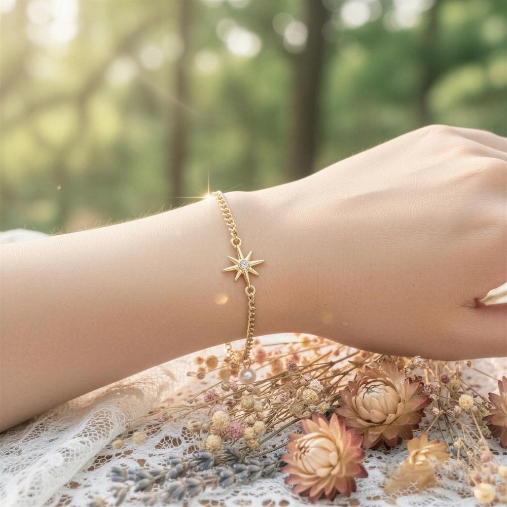 Non Tarnish Gold plate Bracelet Gold Plated Stackable for Women, Thin Herringbone Chain pearl star Jewelry Gift