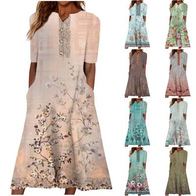 Women's Summer Casual Printed V-Neck Short-Sleeve Swing Dress