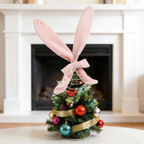 Easter Ornament Soft Pink Velvet Rabbit Ears Tree Topper with Spring Support Flexible Swinging