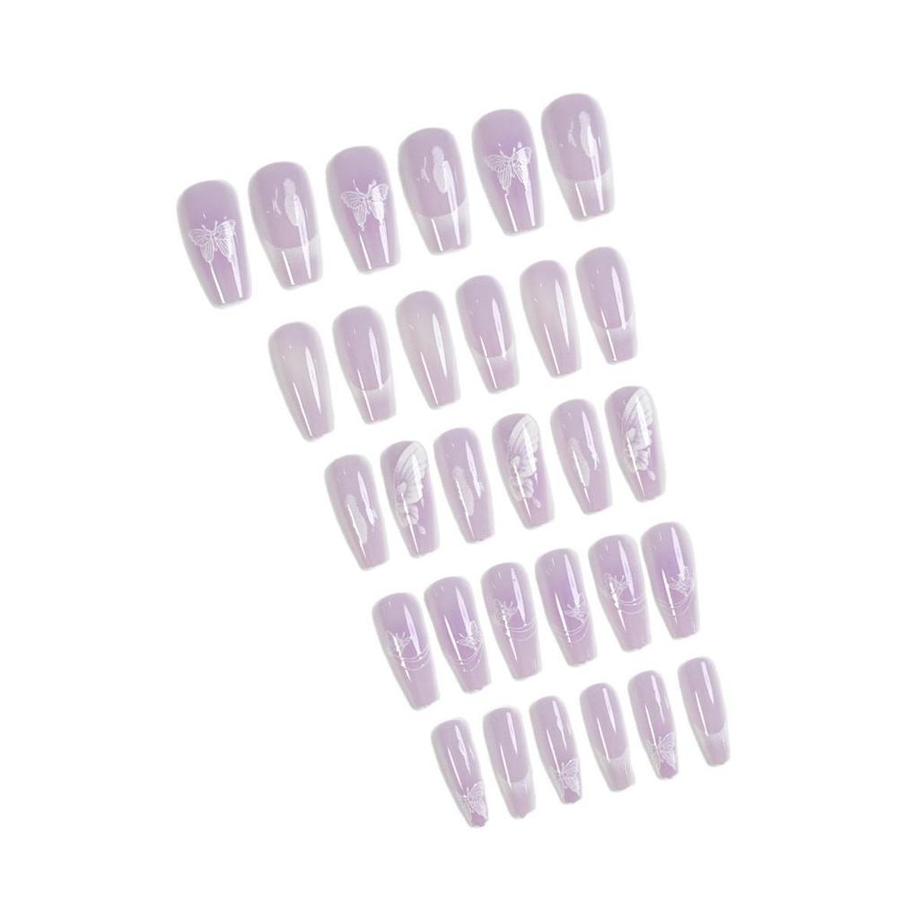 30-Piece Medium Trapezoid Taro Purple Nail Set with White Butterfly French Tip Stickers