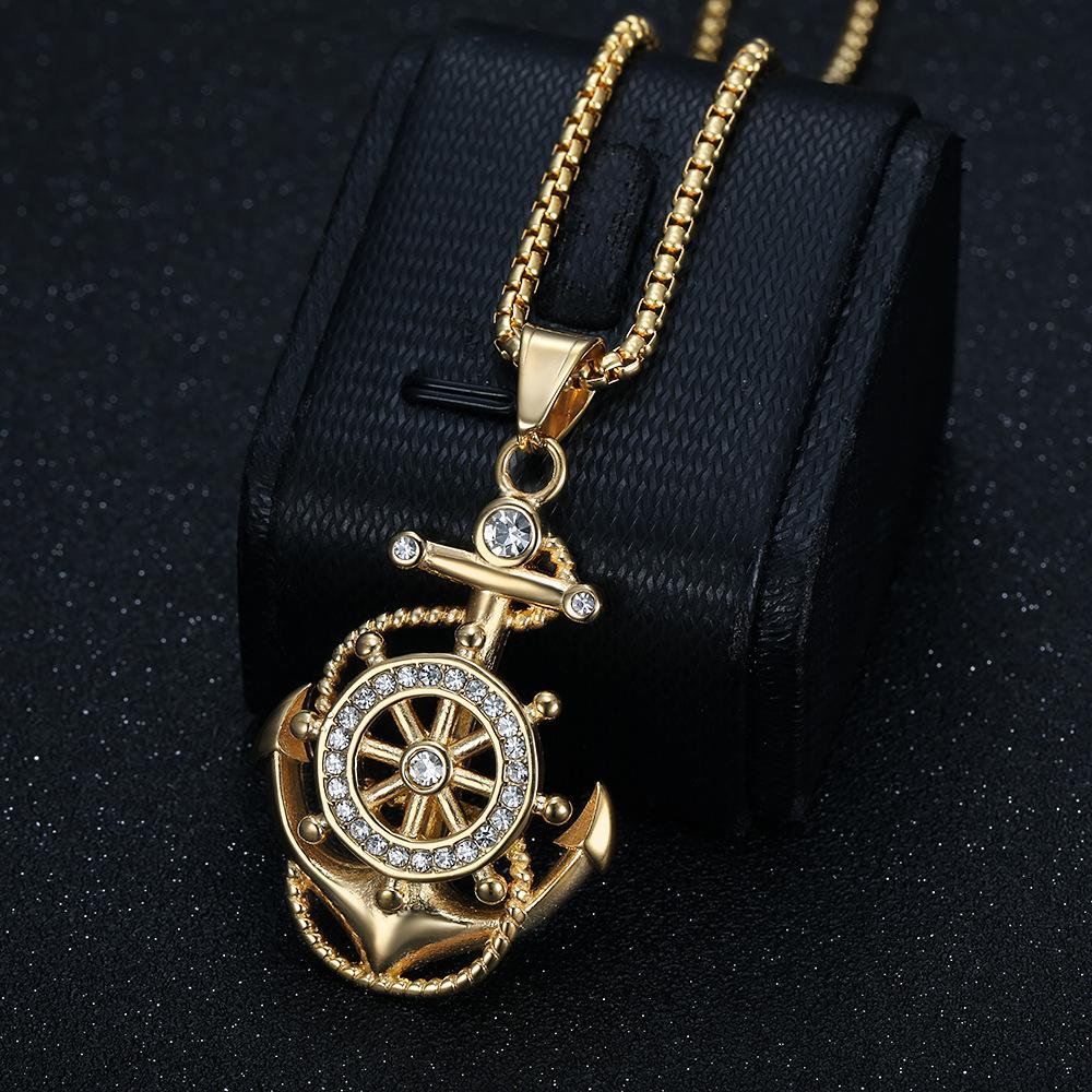 Neue Hip-Hop-Schmuckstücke Titanstahl Vakuumvergoldet Diamantbesetzt Anker-Anhänger Halskette