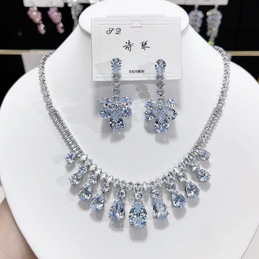 Luxury Waterdrop Pendant Jewelry Set Earring Pink Necklace For Women Bridal Wedding Exquisite Fashion Zircon Party Banquet Gift