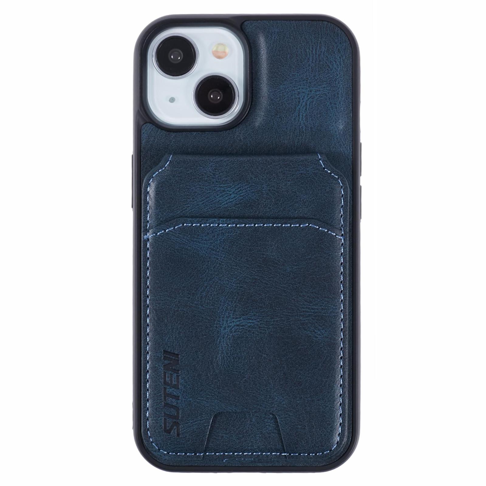 

For iPhone 15 Case Waxy Texture Leather+TPU Card Slots Kickstand Phone Cover Blue