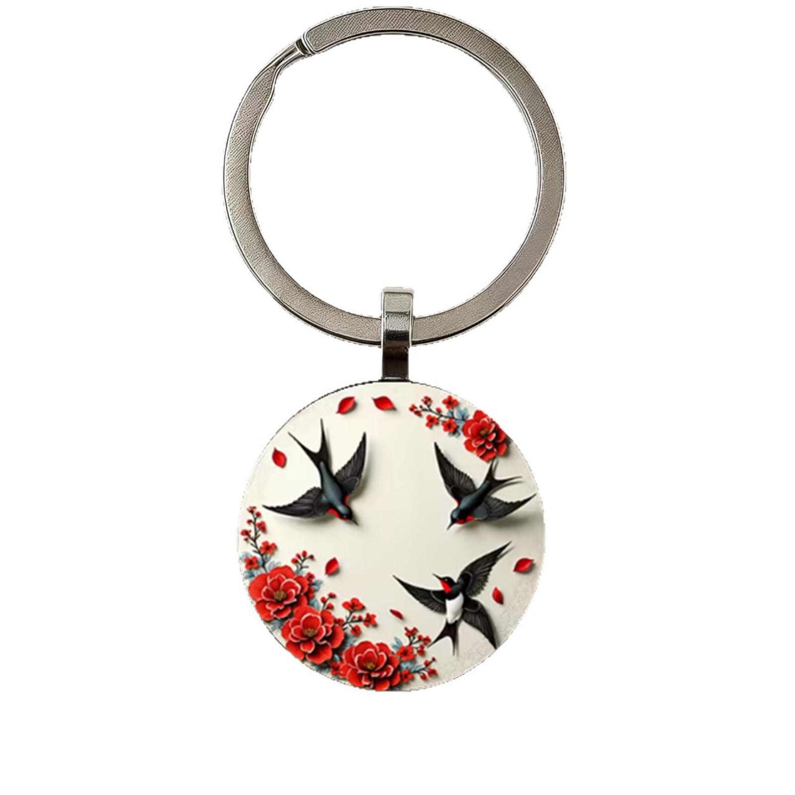 Round Glass Keychain With Symmetrical Pattern Of Three Swallows And Red Flowers One Size