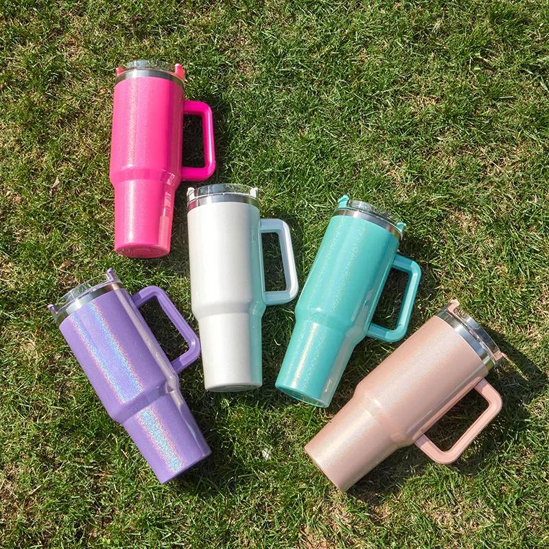 Handle Insulated Cup Ice Cream Cup Car Large Capacity Stainless Steel Rainbow Paint 40oz Car Cup Straw