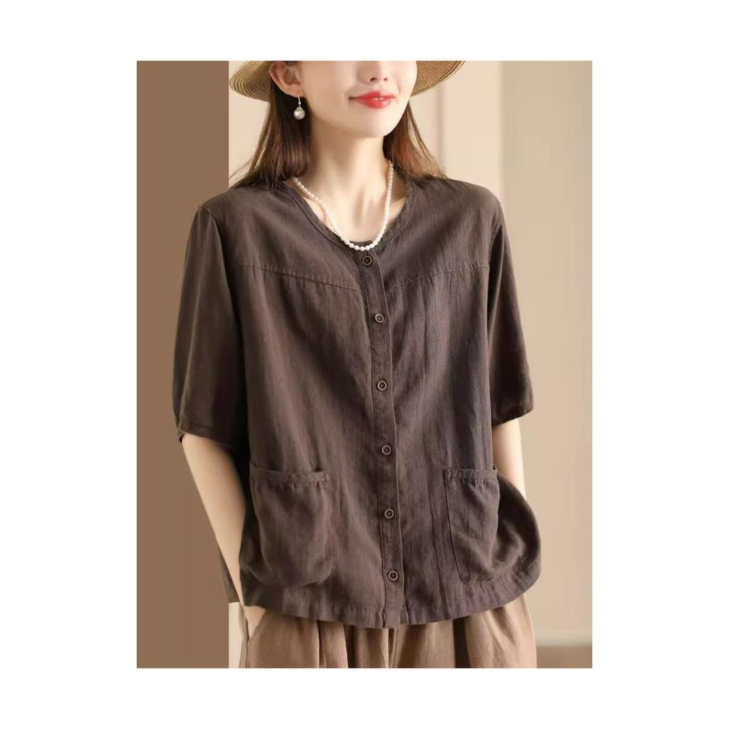 Cardigan Letterario Retro Estivo Cotone e Lino Taschino Camicia Design Donna Casual Monopetto Manica Corta Temperamento