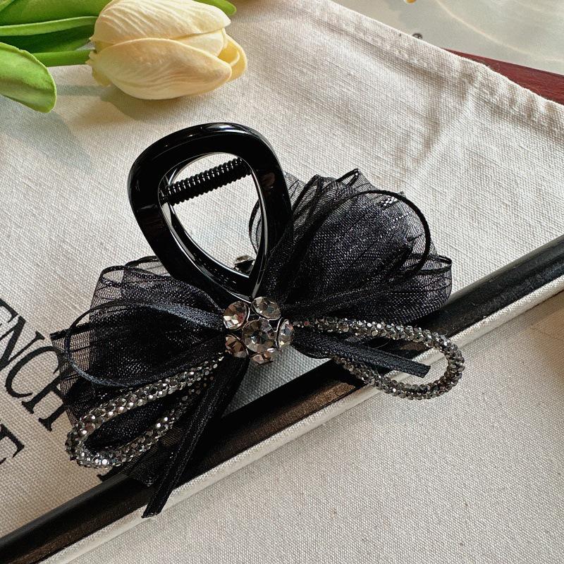 

High-End Black Rhinestone Korean Mesh Bow Hair Clip