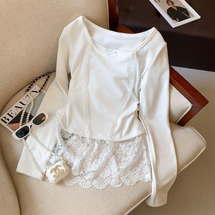 

Women s Faux Two-Piece Lace Halter Long Sleeve T-Shirt: Slim-Fit, Versatile, Niche Design for Spring/Autumn S